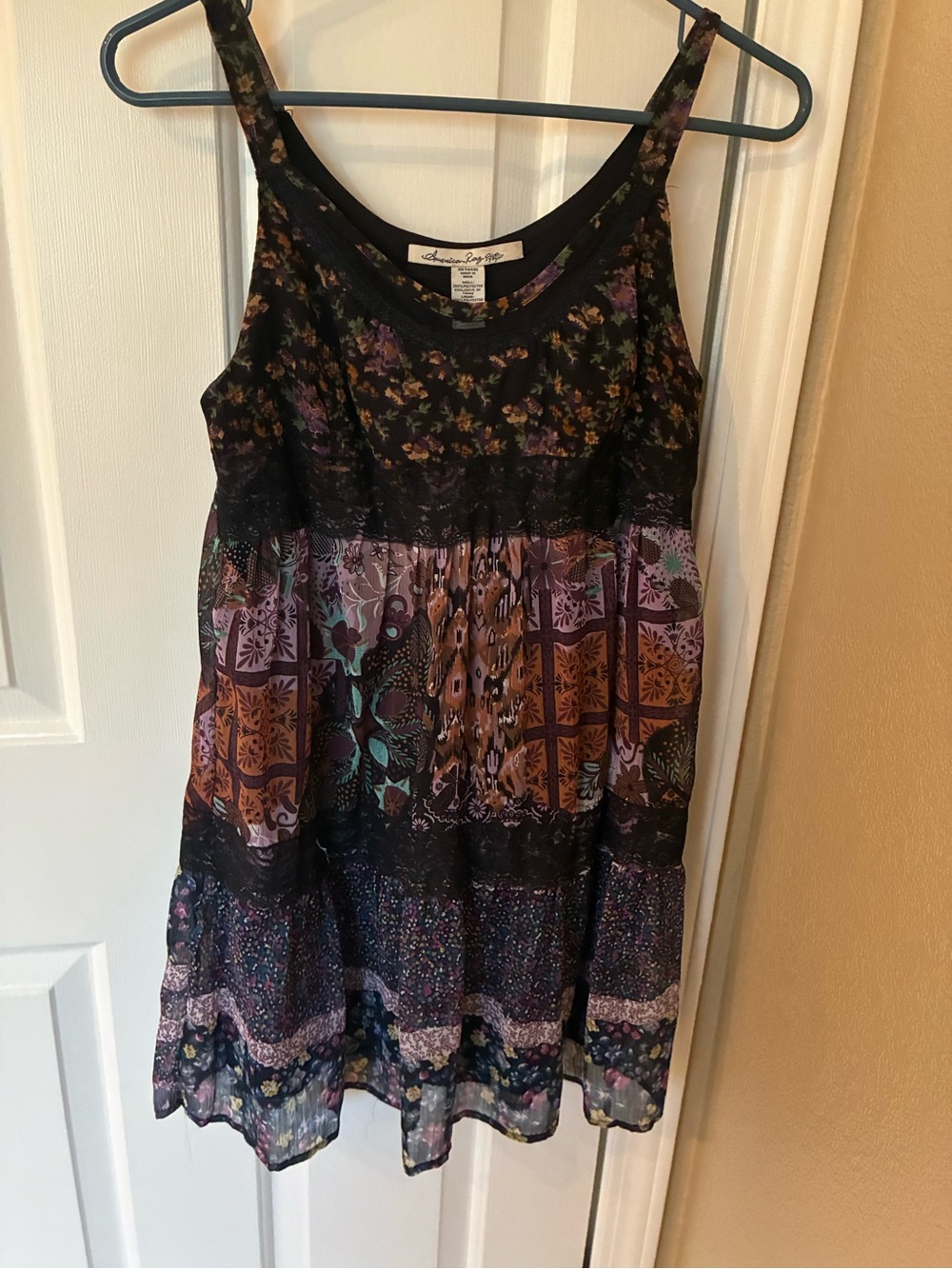 American Rag Multicolor Floral Patchwork Tiered Mini Dress in Black and Purple